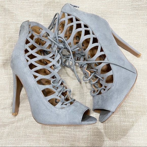 Qupid Shoes Qupid Dusty Blue Strappy Faux Suede Heels Size 8 Poshmark